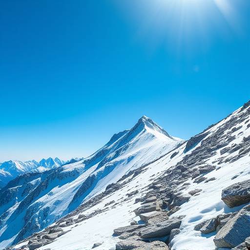 A challenging scree slope leading to a snowy mountain summit under a clear blue sky