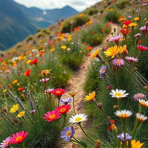A close-up of vibrant wildflowers on a mountain trail.