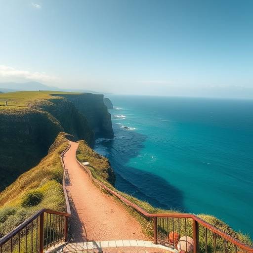 A dramatic coastal cliffside path overlooking a turquoise ocean.