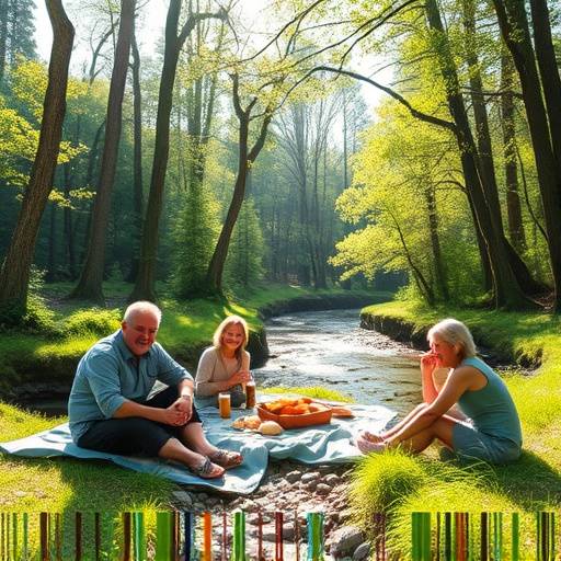 A family enjoying a picnic beside a gentle stream in a sun-dappled forest