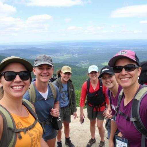 A group of hikers smiling on a trail overlook.