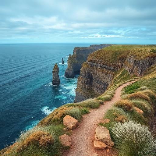 A long, winding coastal path with dramatic cliffs and the ocean below