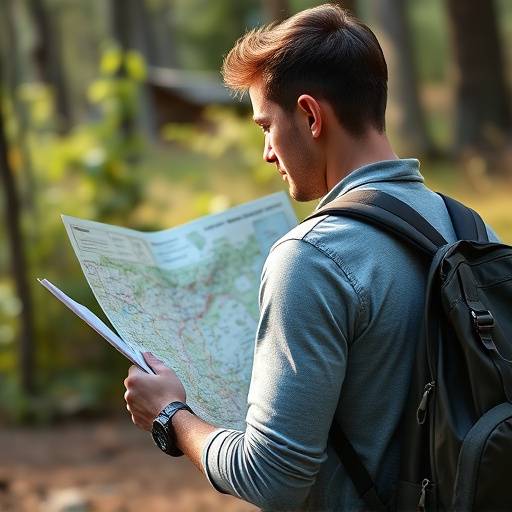 A person looking at a trail map with a backpack on.