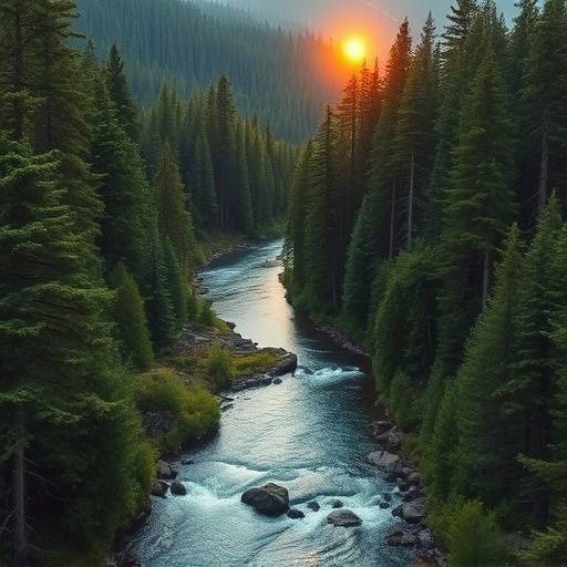 A remote wilderness area with a winding river and dense forest