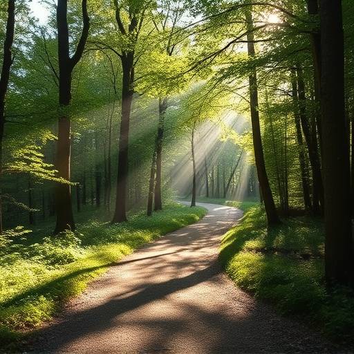 A winding forest path with sunbeams breaking through the canopy