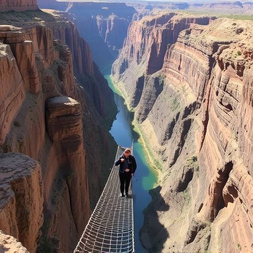 Adventurers crossing a rope bridge over a deep canyon