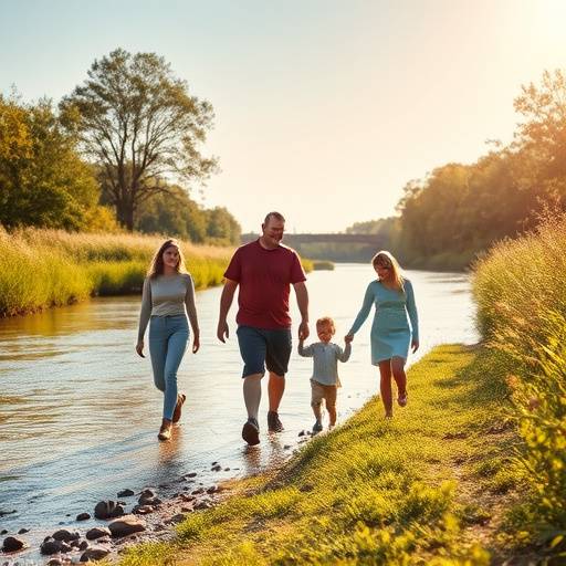 Family walking along a gentle river
