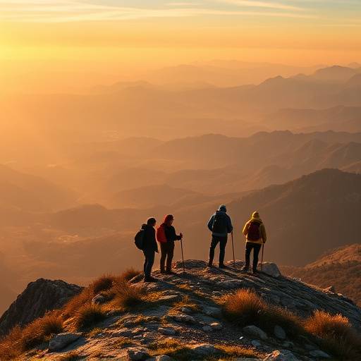 Hikers on a ridge with a view of mountains