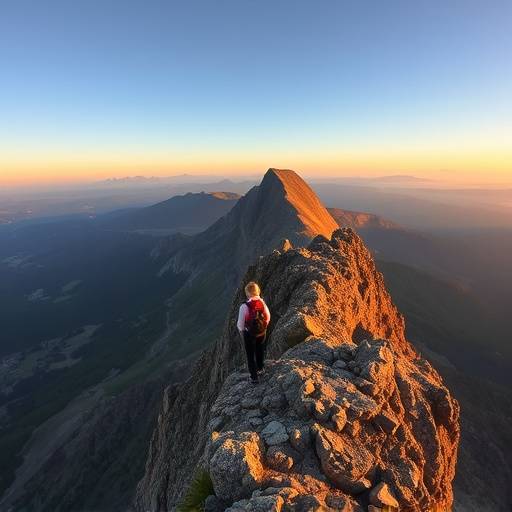 Hikers traversing a narrow mountain ridge with panoramic views