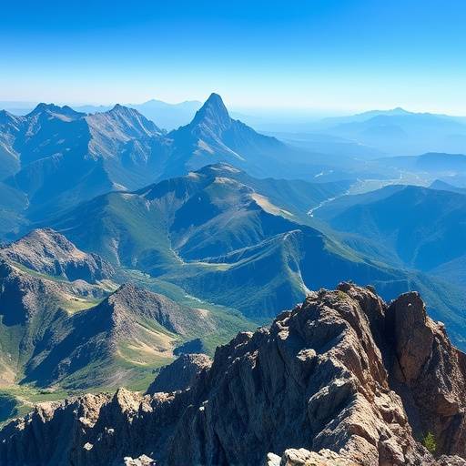 Panoramic view from a rugged mountain summit with a clear blue sky.