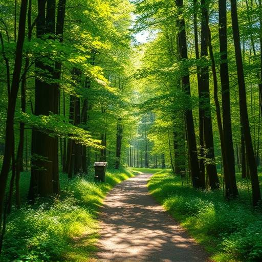 Peaceful forest path with dappled sunlight