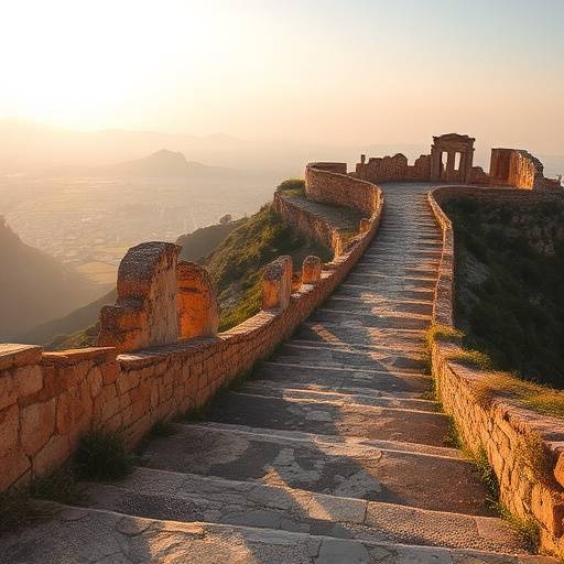 Steep, rocky stairs leading up to ancient ruins on a hilltop