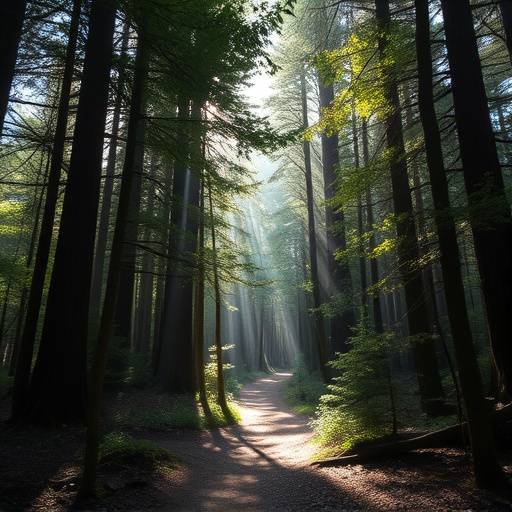 Sunlight filtering through a dense, old-growth forest with a winding path.